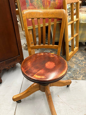 Antique Oak Round Tilt Seat Banker's Chair on Castors
