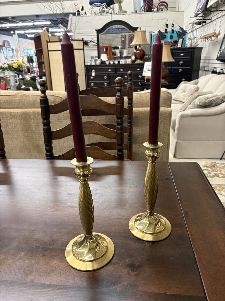 PAIR Brass Candle Stick Holders w Spiral Accent