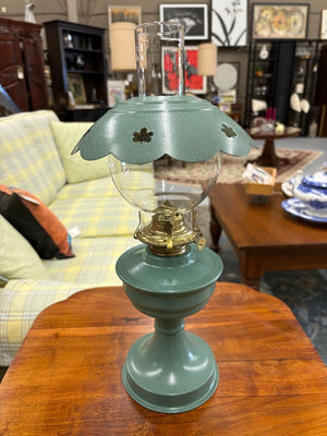 Green Metal Oil Lamp w Maple Leaf Cover (Repro)