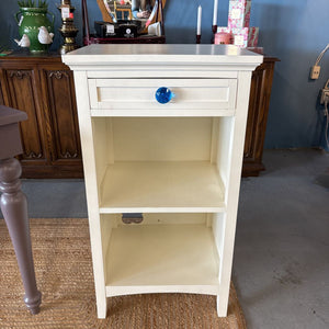 Side Table w Blue Pull - 2 Shelves, 1 Drawer