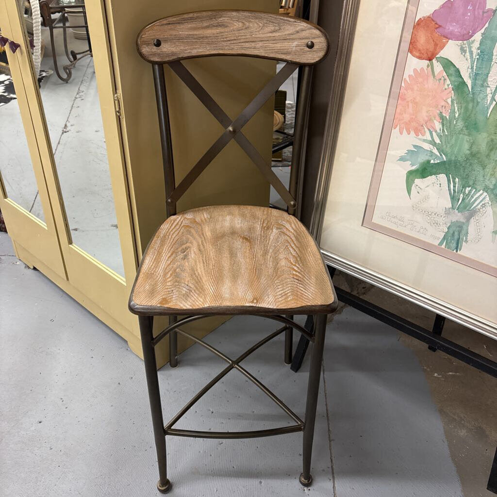 Wood Seat Bar Ht Stool w Metal Frame