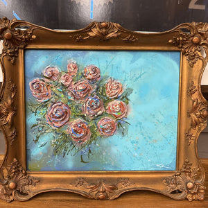 Local Artist 'Flowers on Blue' - Original Oil Painting - Ornate Gold Frame