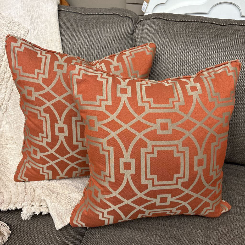 Coral & Gold Patterned Cushions PAIR