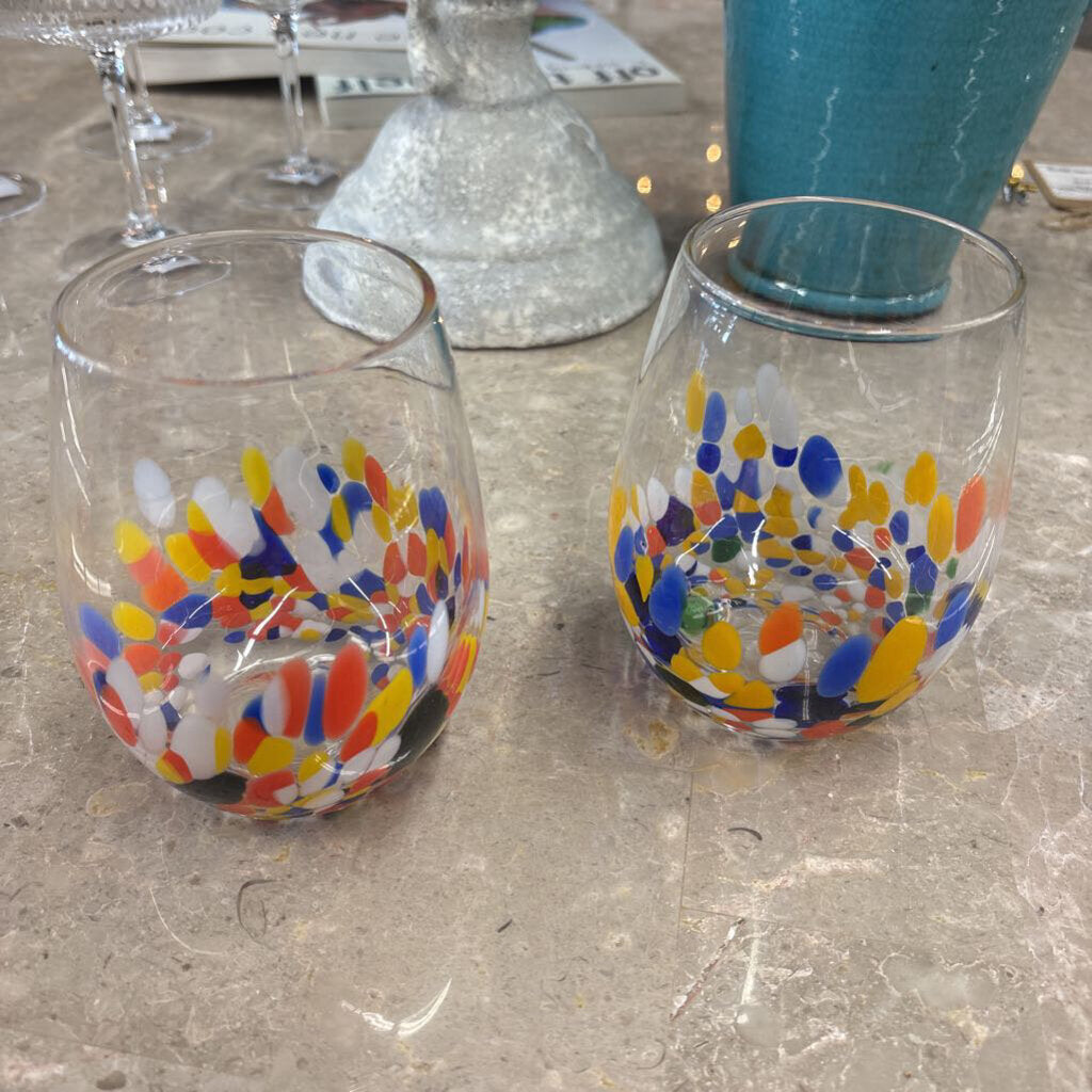 PAIR of Hand Blown Confetti Stemless Wineglass