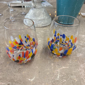 PAIR of Hand Blown Confetti Stemless Wineglass
