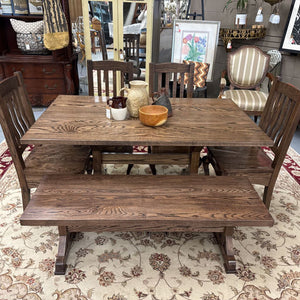 LOCAL ARTIST KEN PARR Espresso Stain - Solid Oak Harvest Table w Bench, 4 Chairs