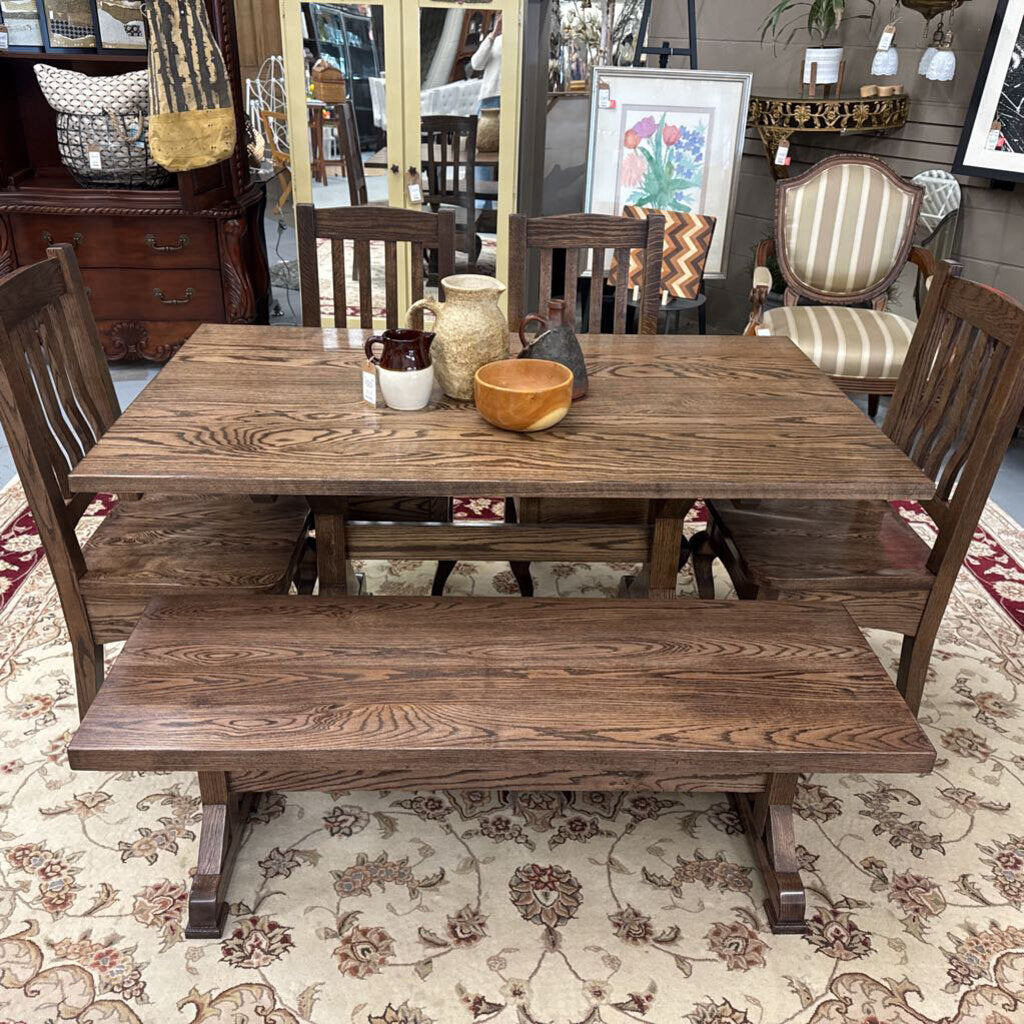 LOCAL ARTIST KEN PARR Espresso Stain - Solid Oak Harvest Table w Bench, 4 Chairs