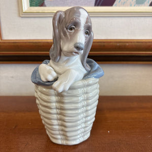 Lladro Daisa Porcelain "Dog in the Basket" Figurine
