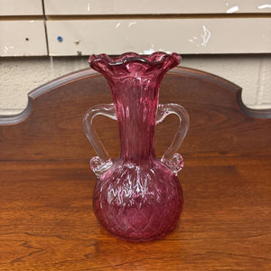 Vintage Cranberry Chalet Art Glass Vase w Handles