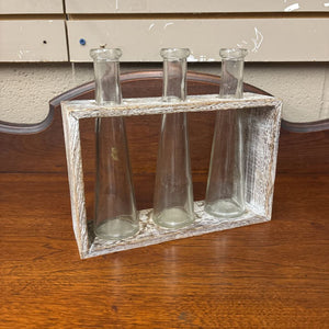 3 Glass Bud Vases in Distressed Wood Holder