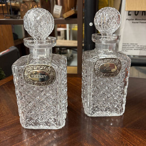 Pair Handcut Crystal Decanters w Liquor Tags