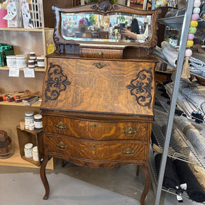 Antique Secretary Desk w Dark Carved Front