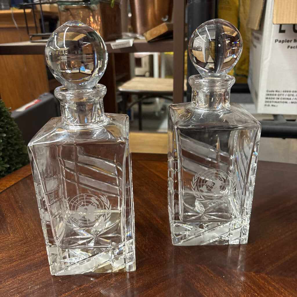 Handcut Crystal Liquor Decanter PAIR w Round Ball Top