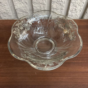 Vintage Clear Glass Serving Bowl w Silver Plated Overlay