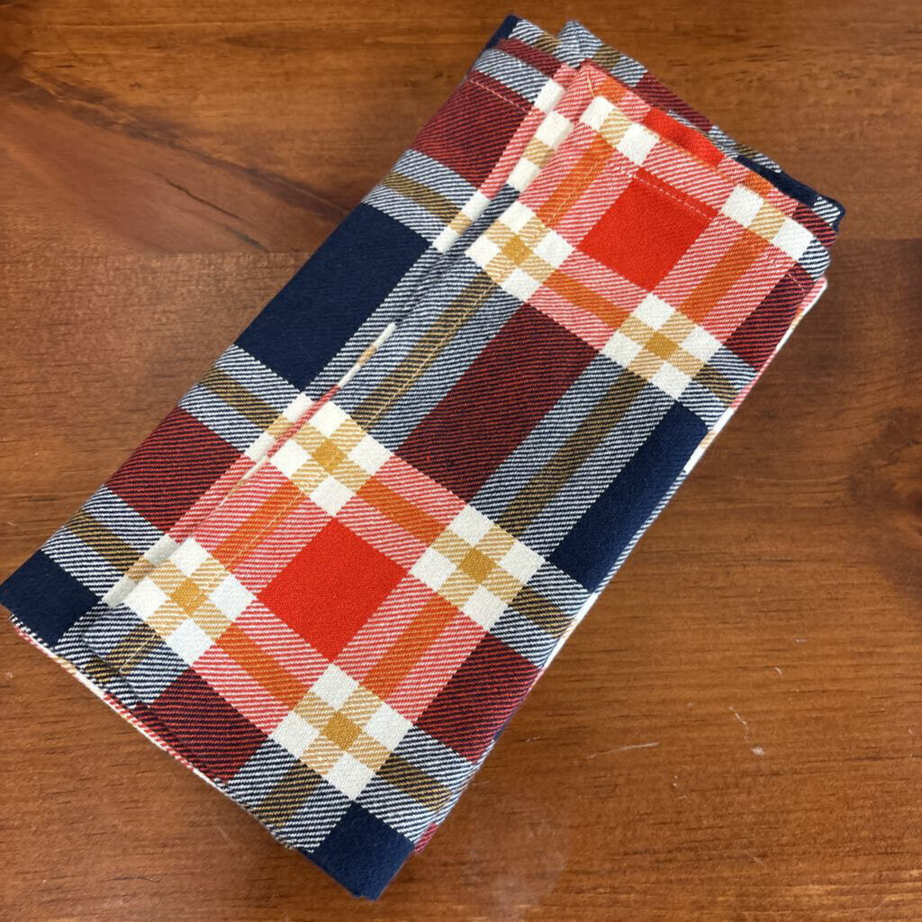 SET of 4 NEW Indigo Plaid Orange & Navy Woven Napkins