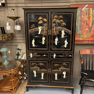 Black Lacquer Chinoiserie Pocket Door Cabinet w 3 Dimensional Mother-of-Pearl Accents