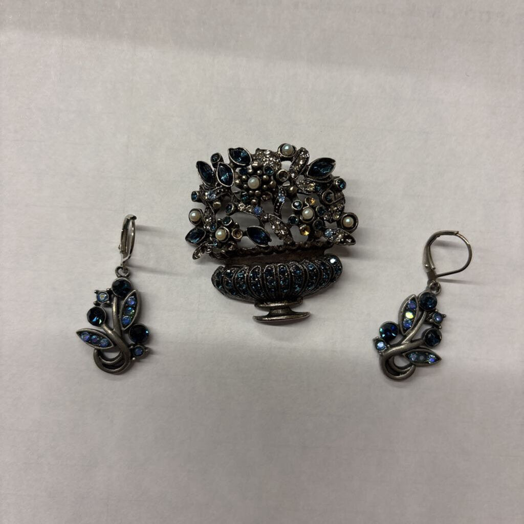 Brooch Flower Basket w Matching Earings
