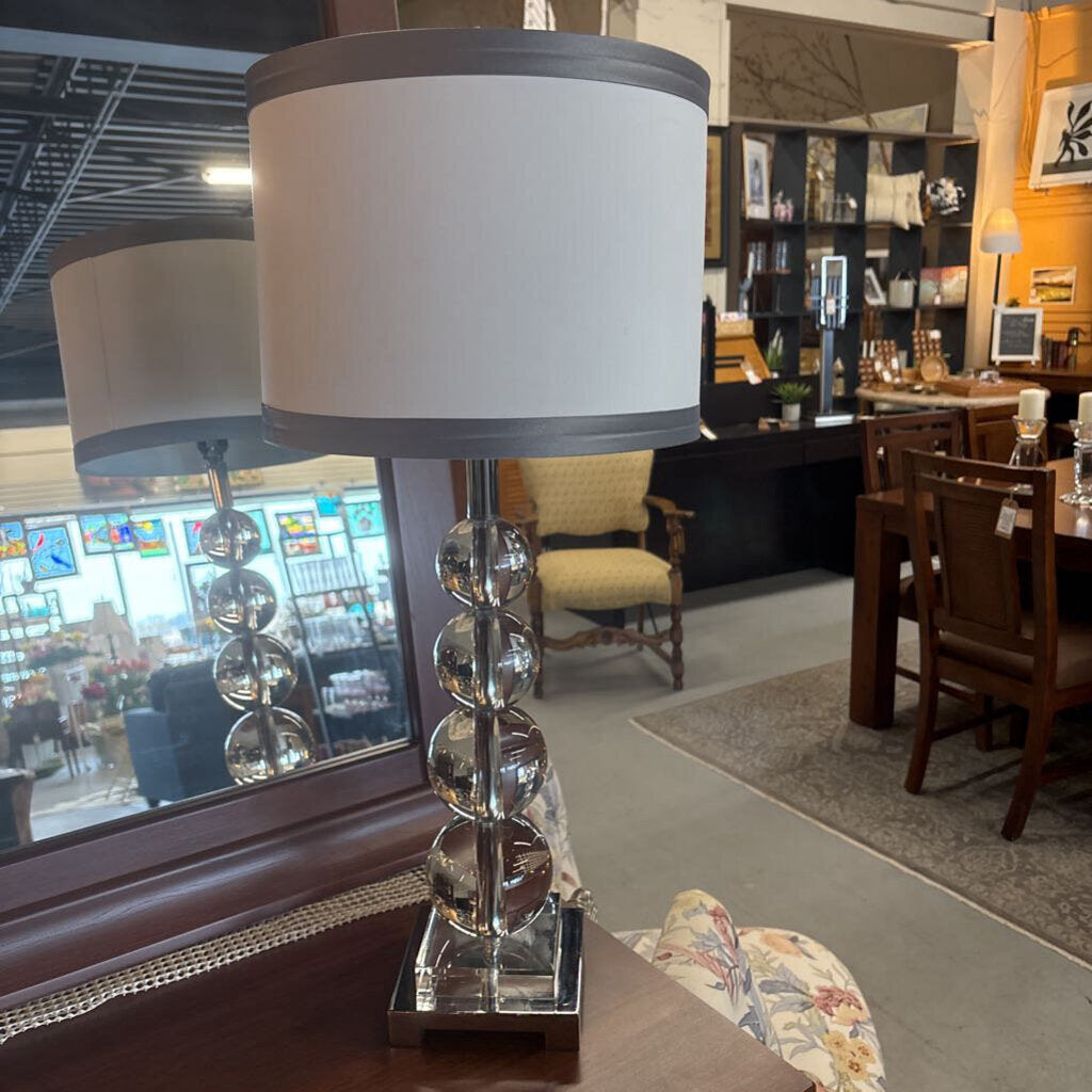 Crystal (4) Ball Table Lamp w a White Shade & Grey Trim on Metal Base