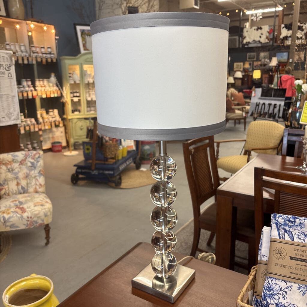 Crystal (5) Ball Table Lamp w a White Shade & Grey Trim on Metal Base
