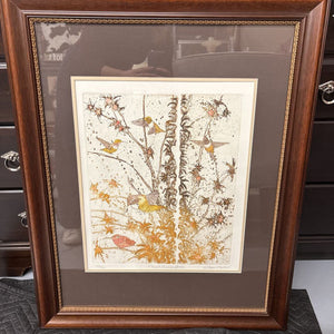 Floral Hummingbirds Print w Dark Wood Frame