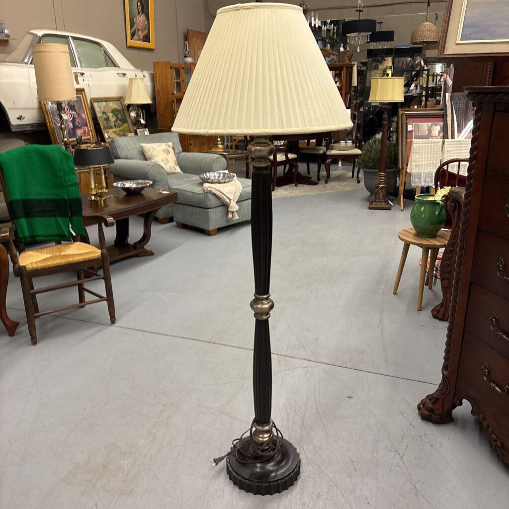 Floor Lamp - Black w Silver Ball & Base - Pleated White Shade