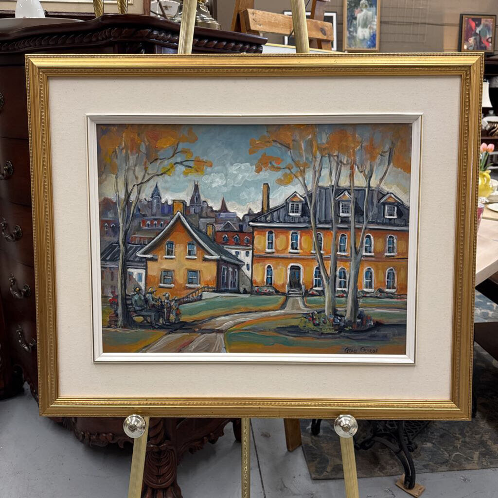 'Quebec Park' Yellow Bldg - Signed Original Acrylic by Cdn. Artist GRACE GEORGE