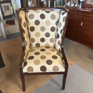 Wing Back Chair w Cream Upholstery & Brown & Gold Spots & Mahogany Wood Trim