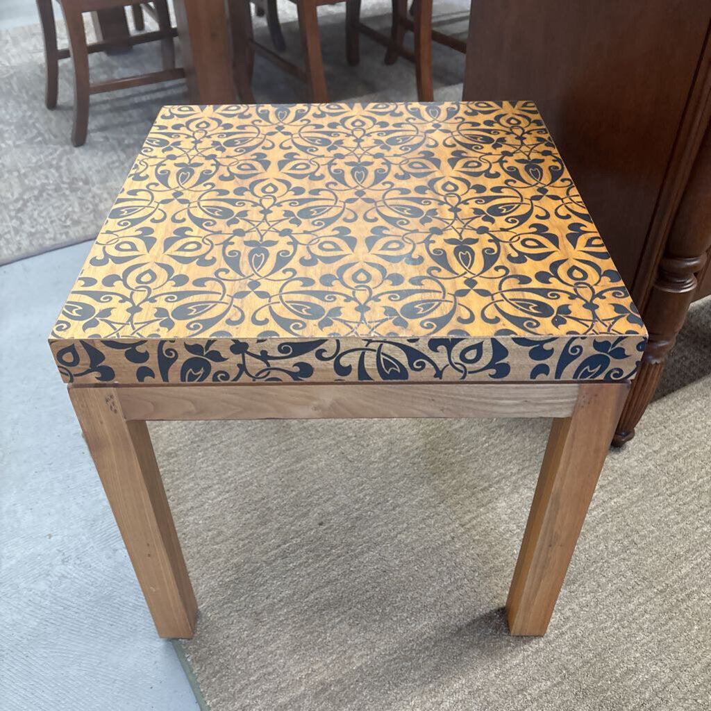 Square Oak Wooden Accent Table Featuring a Distinctive Painted Floral Patten