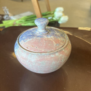 Pink & Blue Swirled Glaze Ceramic Lidded Jar - From Barbados