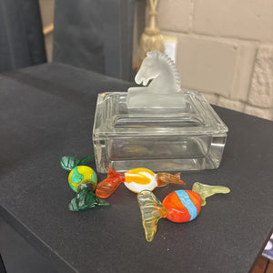 Vintage Heisy Glass Horse Head Cigarette/Candy box w 3 Blown Glass Candies