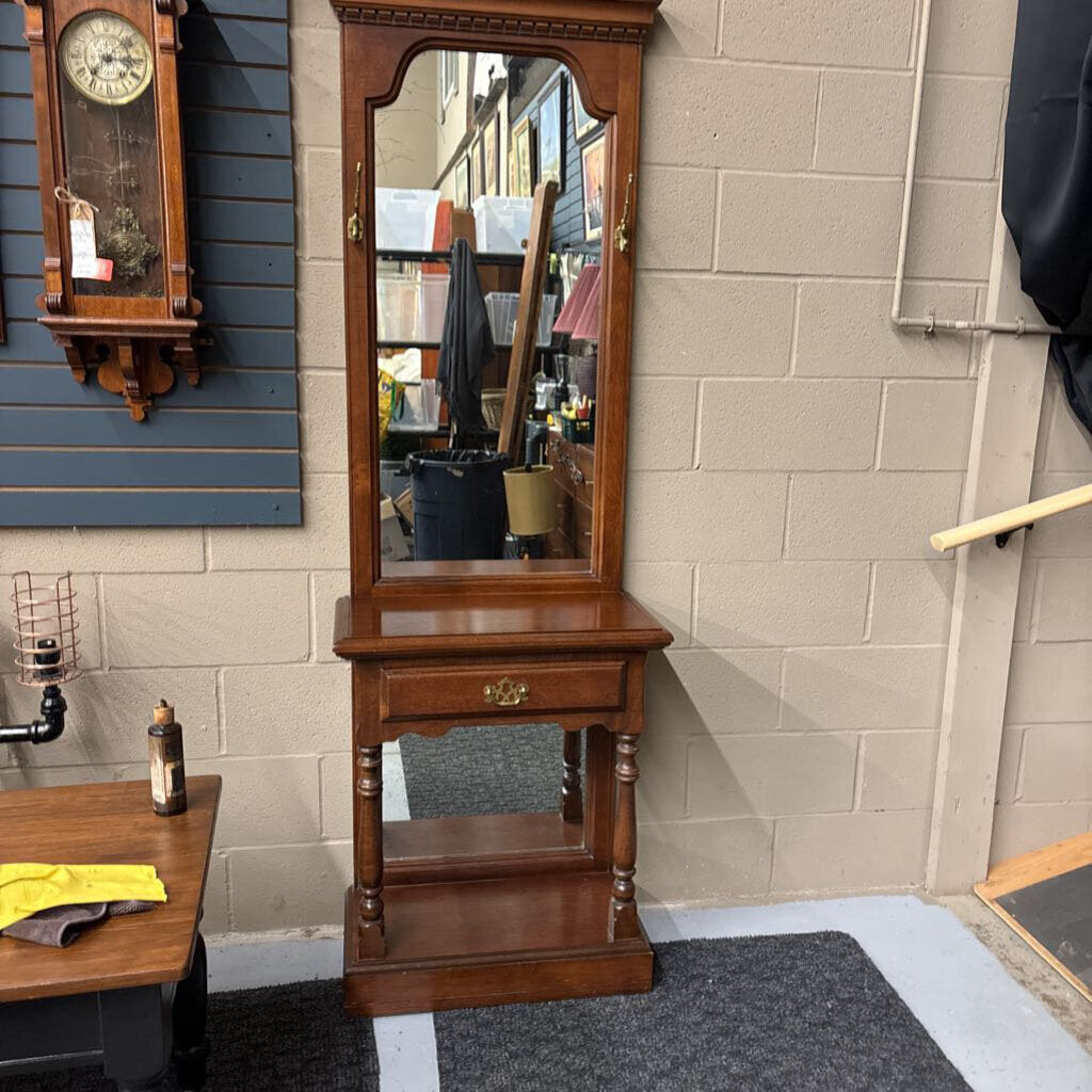 Mahogany Hall Tree Mirror with Drawer