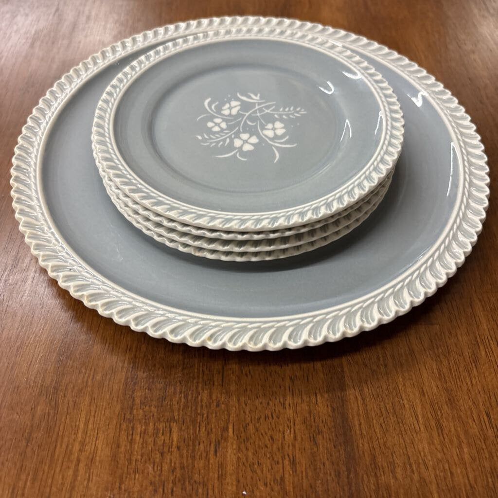 Harker Pottery Grey & Floral Cake Plate & 4 Dessert Plate Set