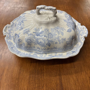 Antique Blue & White Floral Porcelain Tureen w Lid