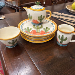 Ceramic Hand Painted Cactus 4 Plate Set w Tea Pot, Creamer & Suger Bowl