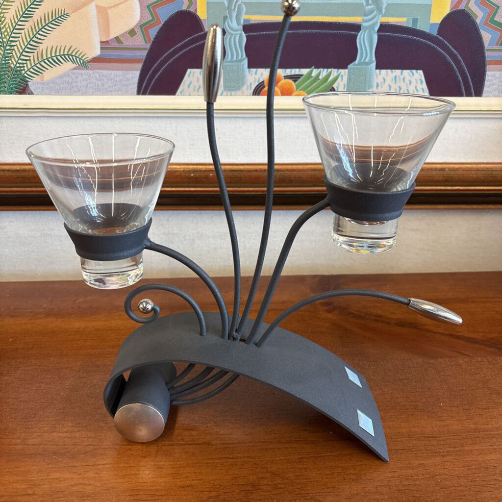 Floating Candle Holder w Black Base, Silver Accents