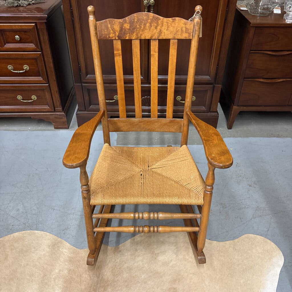 Vintage Solid Wood Rocking Chair w Woven Rush Seat