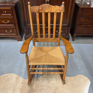 Vintage Solid Wood Rocking Chair w Woven Rush Seat