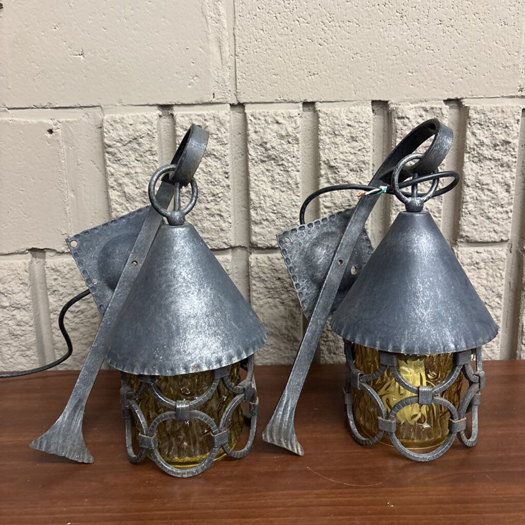 PAIR of Antique Yellow Glass & Cast Iron Outdoor Lights