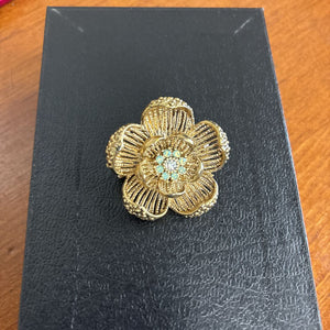 Gold Tone Flower Brooch w Green Stones