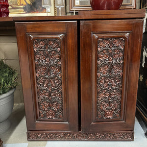 Vintage Dark Teak Wood Bar w Carved Front w Casters