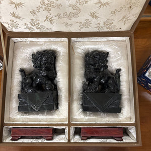 Black Jade PAIR Foo Dog Statues in Box