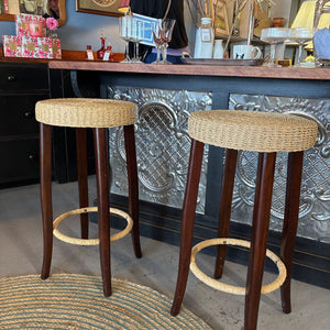 Pair Wooden Bar Stools Espresso Finish Legs & Woven Seagrass Seats