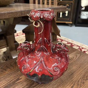 Oxblood Red Glaze Chinese Vase w Chicken Heads Makers Mark