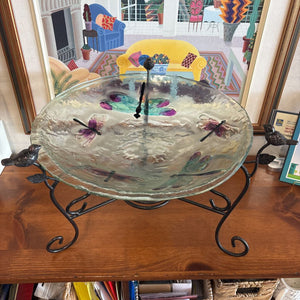 Decorative Glass Dragonfly BirdBath w Metal Stand