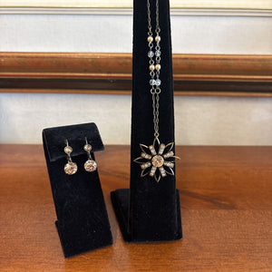 Aged Pendant Flower Necklace & Drop Earring Set w Rhinestones
