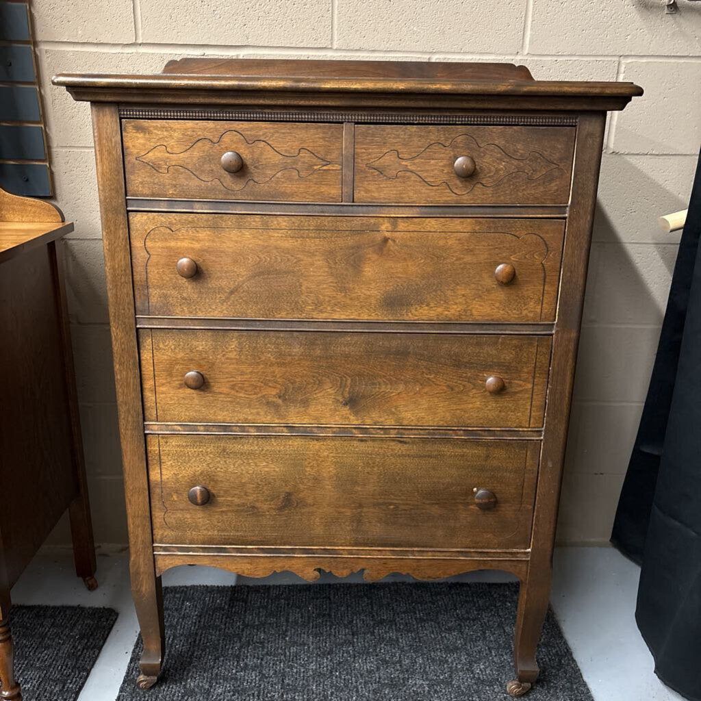 Antique Solid Dark Oak Tall Boy Dresser