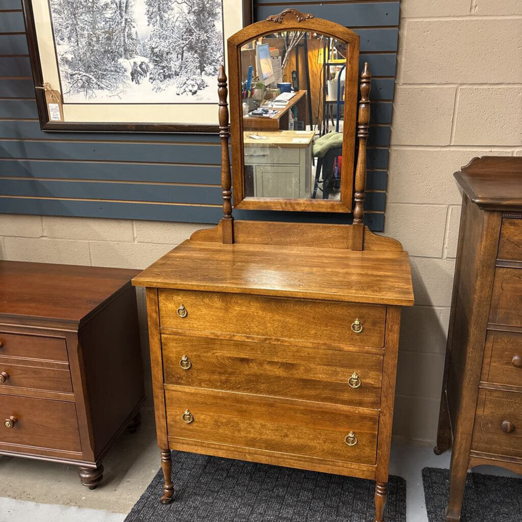 Antique Solid Wood 3 Drawer Dresser w Vanity Mirror