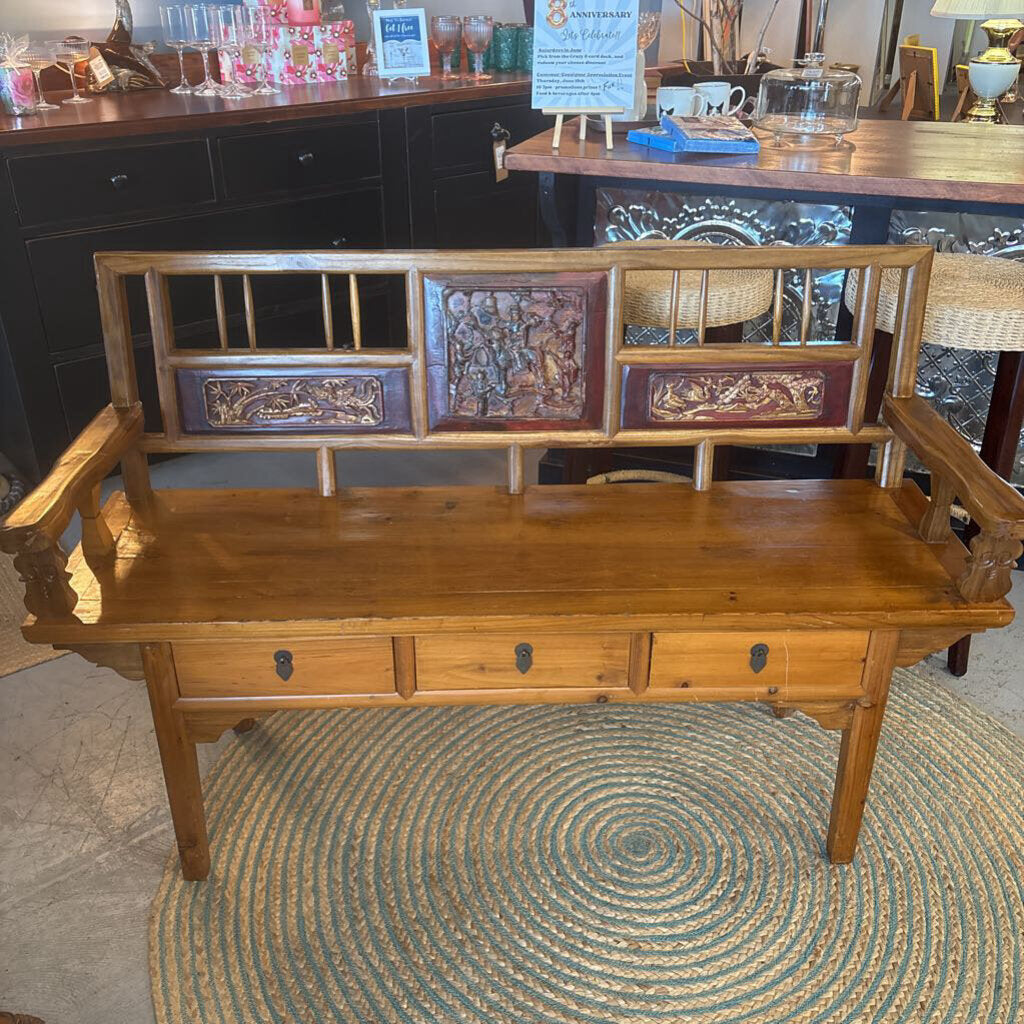 Asian Hardwood Bench w Carved Back