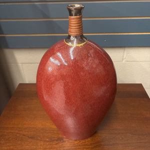 Flat Oval Pottery Vessel w Leather Detail