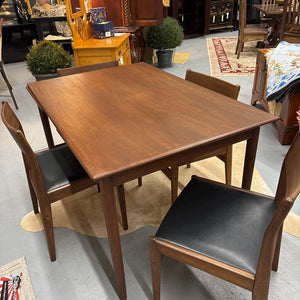 MCM Teak Dining Table w 4 Chairs Black Leather Seats, 2 x 20" leaves